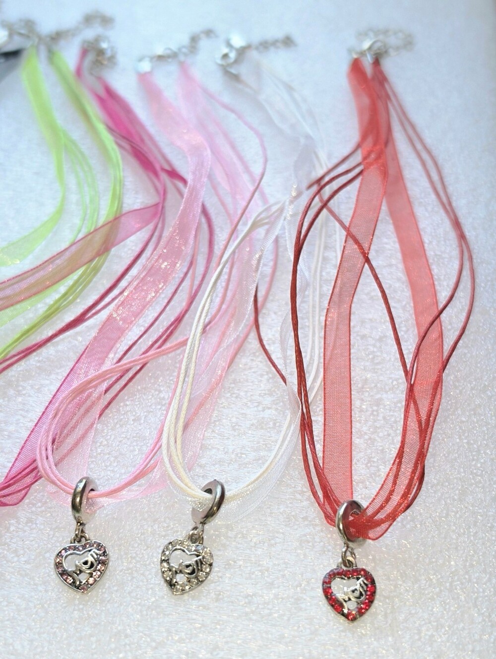 MOM Heart Crystal Pendant Ribbon Necklace Bright Neon Fluorescent Mothers Gift - Picture 10 of 16
